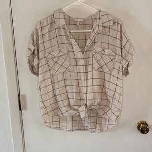 Shyanne beige cream plaid button down tie front short sleeve shirt Size Large